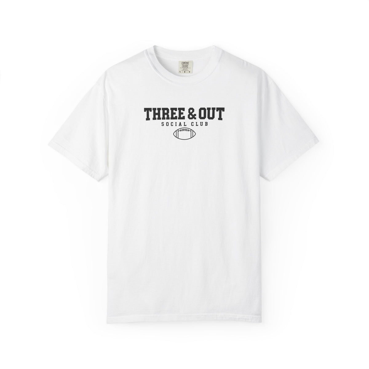 White Three & Out Social Club football logo graphic T-shirt, crew neck short sleeves.