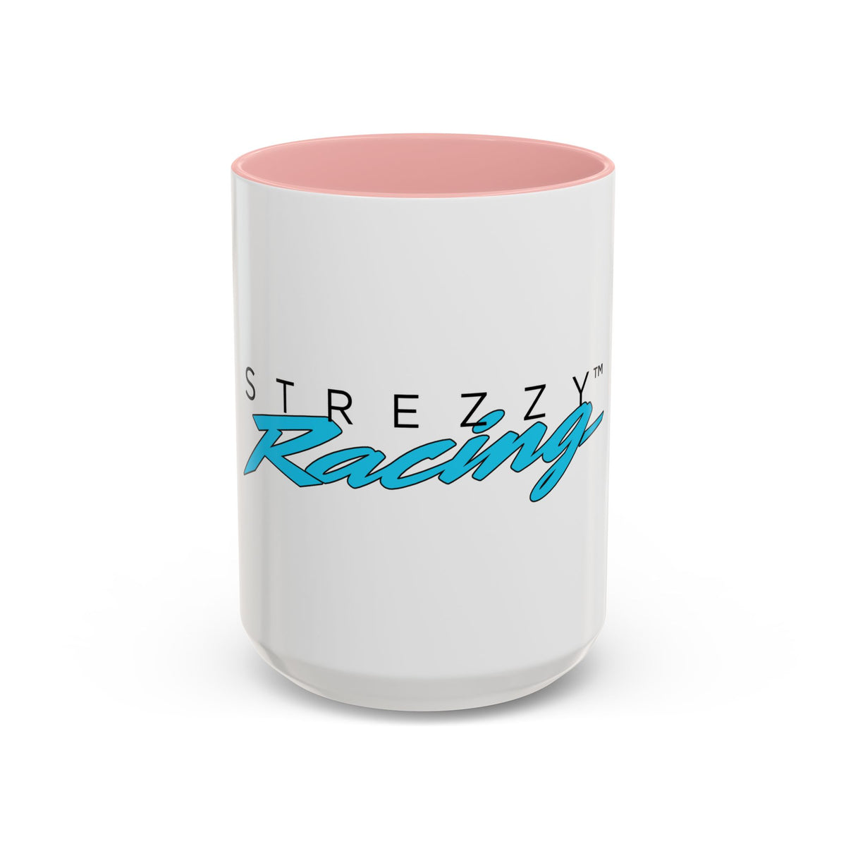 Racing accent mug with light pink interior and rim, white body, teal “Racing” graphic