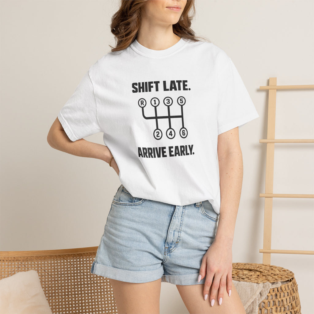 White T-shirt with front graphic, worn by model with blue denim shorts
