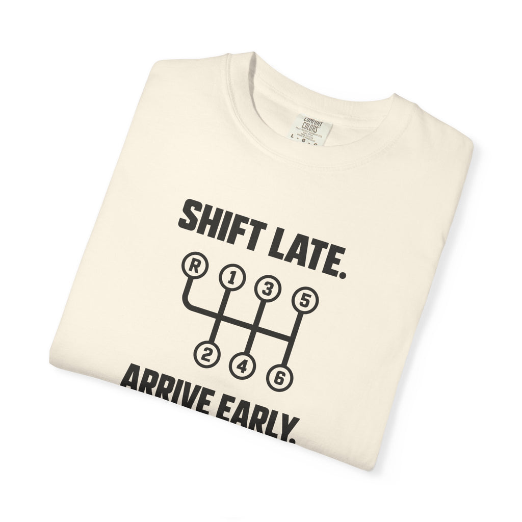 Ivory crew-neck T-shirt with large Shift Late arrive early graphic