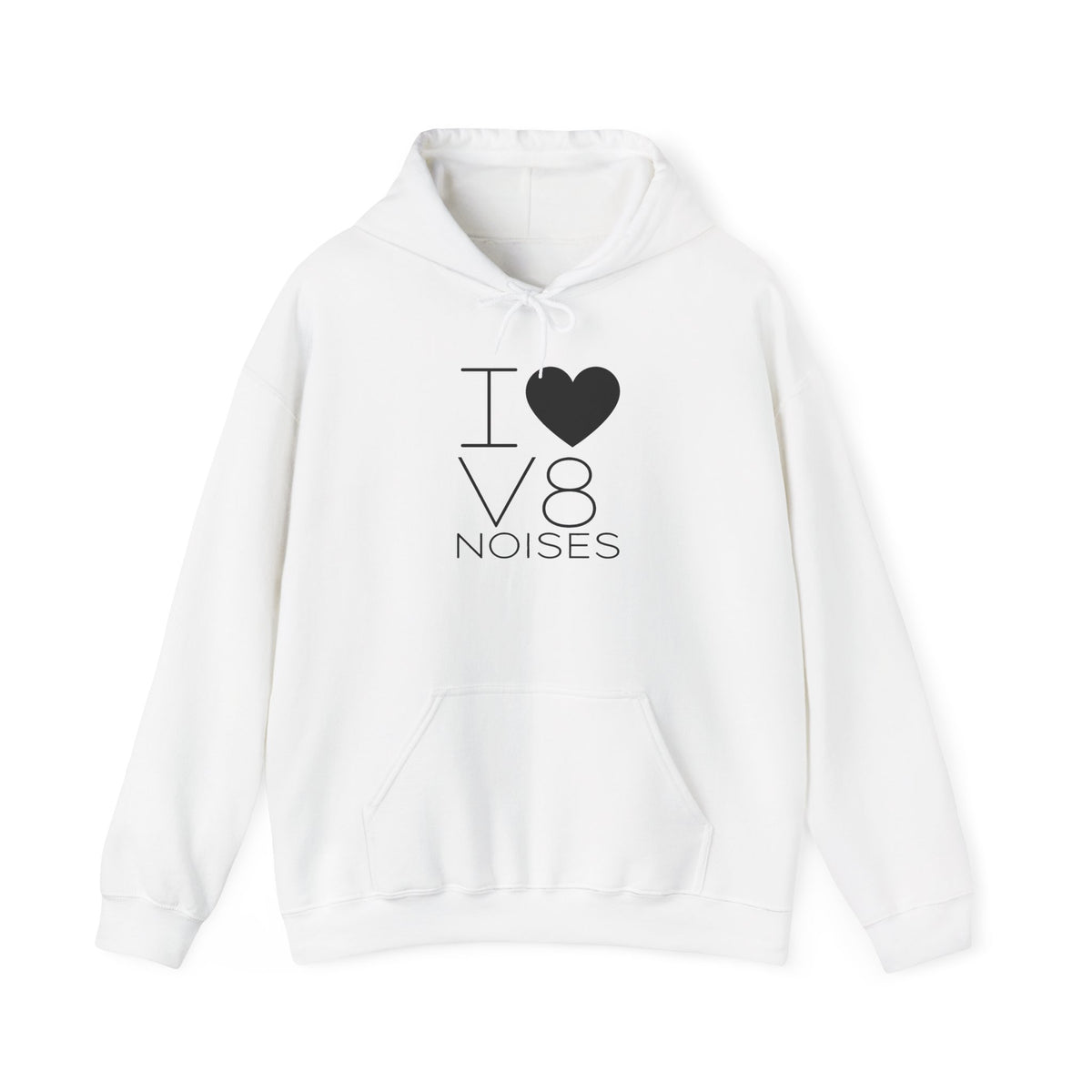 White hoodie with front pouch and I heart V8 noises graphic