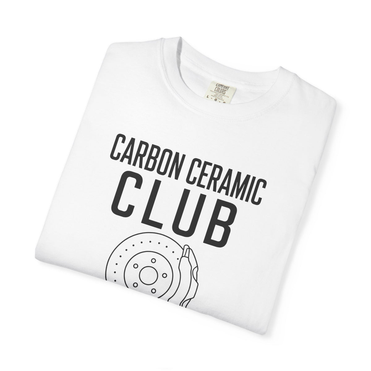 White graphic t-shirt with 'CARBON CERAMIC CLUB' text and circular icon print