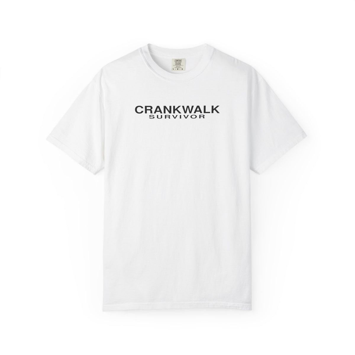 White Crankwalk Survivor T-shirt with front screen print logo.