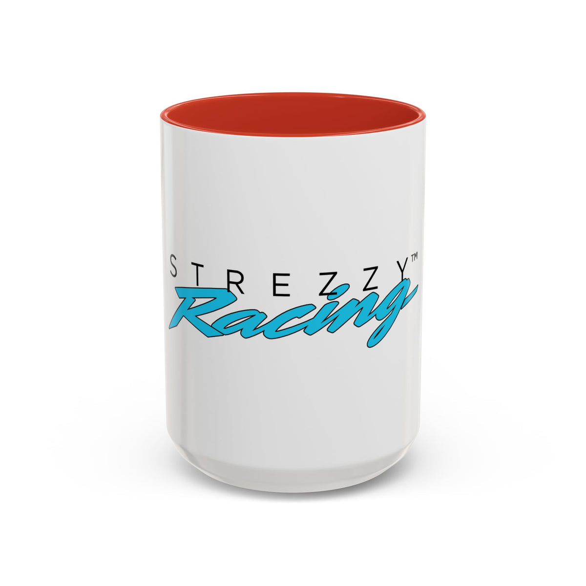 Racing accent mug with red interior and rim, white body, teal “Racing” graphic