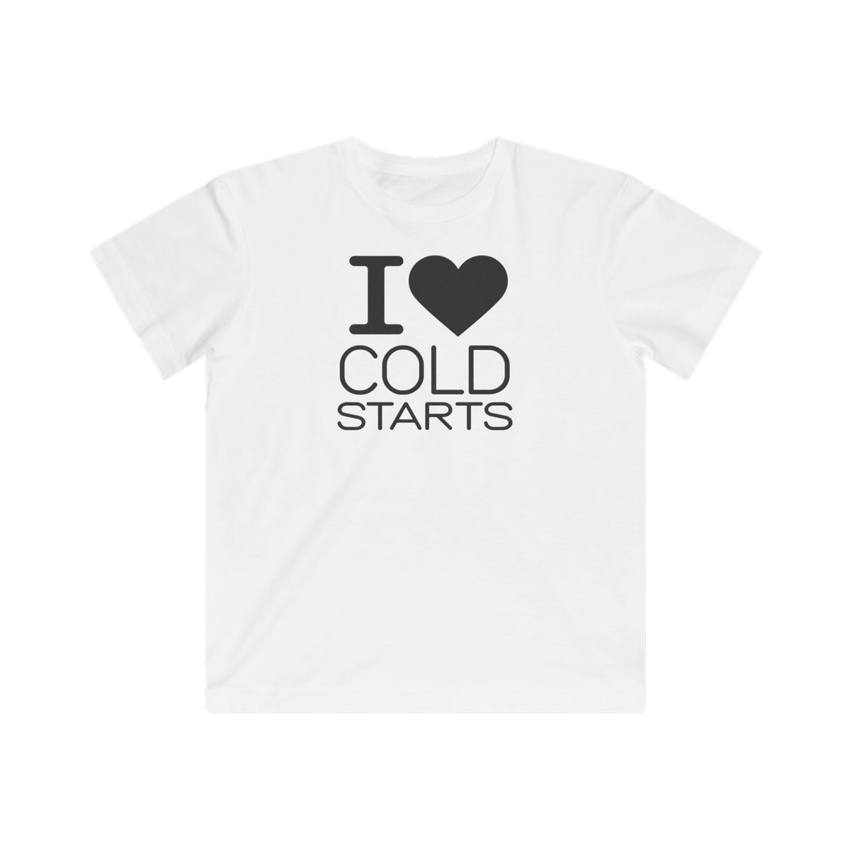 Kids' T-shirt, white, front graphic with heart and “I ♥ COLD STARTS”.