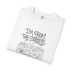 White crewneck T-shirt with front "I'm From The Streets" map logo print