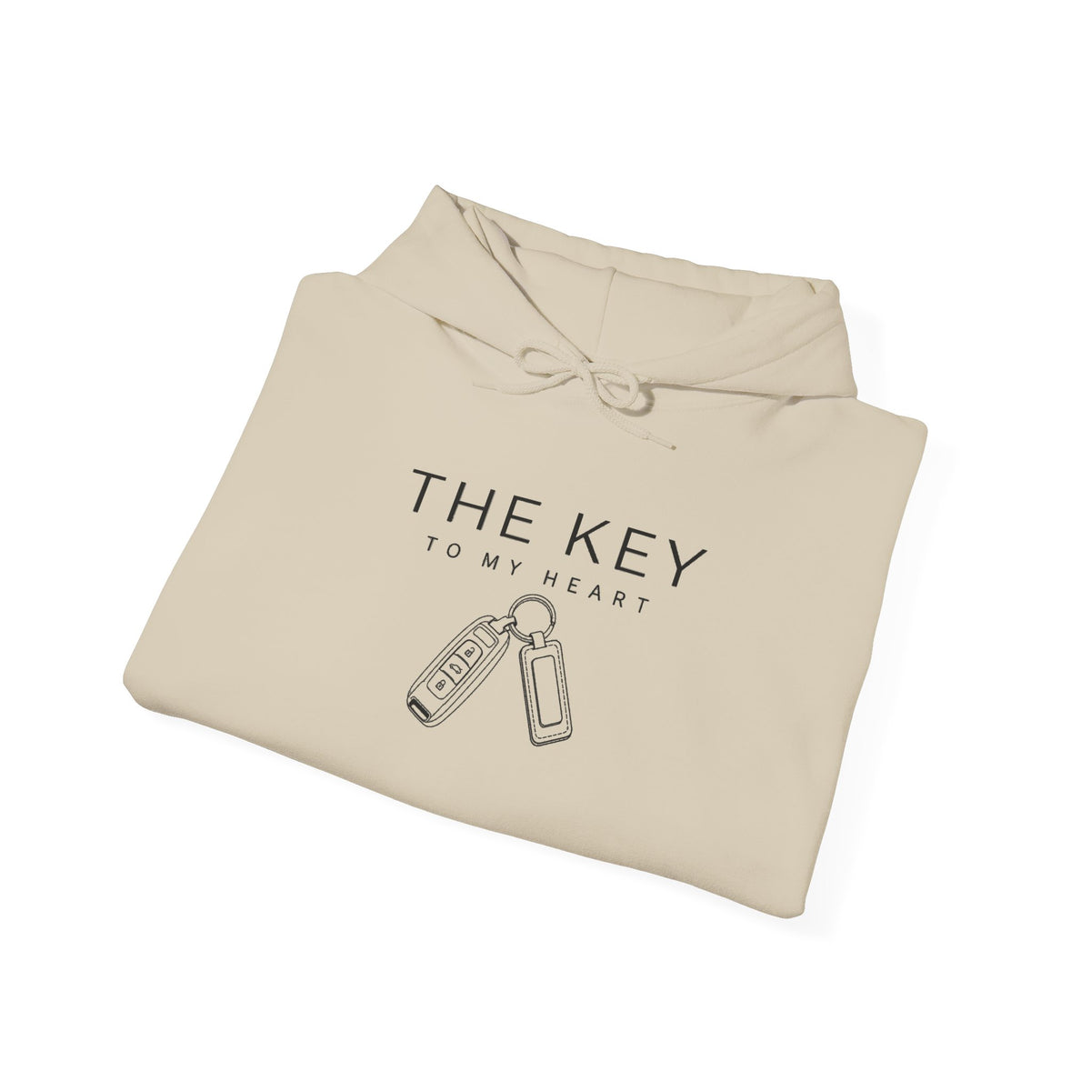 Beige hoodie with drawstring hood, kangaroo pocket, and key heart graphic (folded)