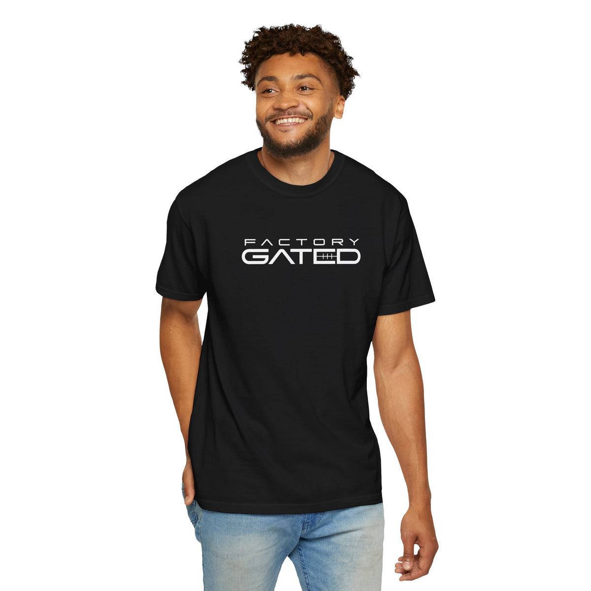 Black T-shirt on model with Factory GATED logo print on the chest