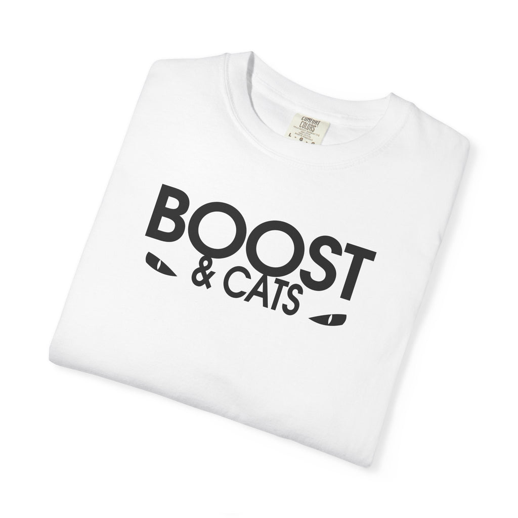 White T-shirt with “BOOST & CATS” graphic on the chest