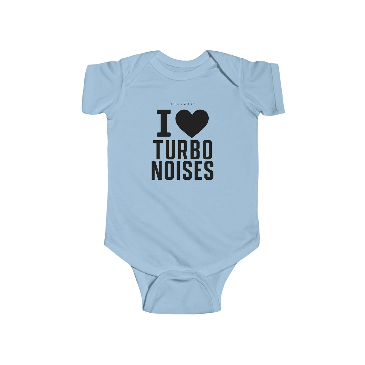 Light blue baby bodysuit with I heart Turbo Noises graphic