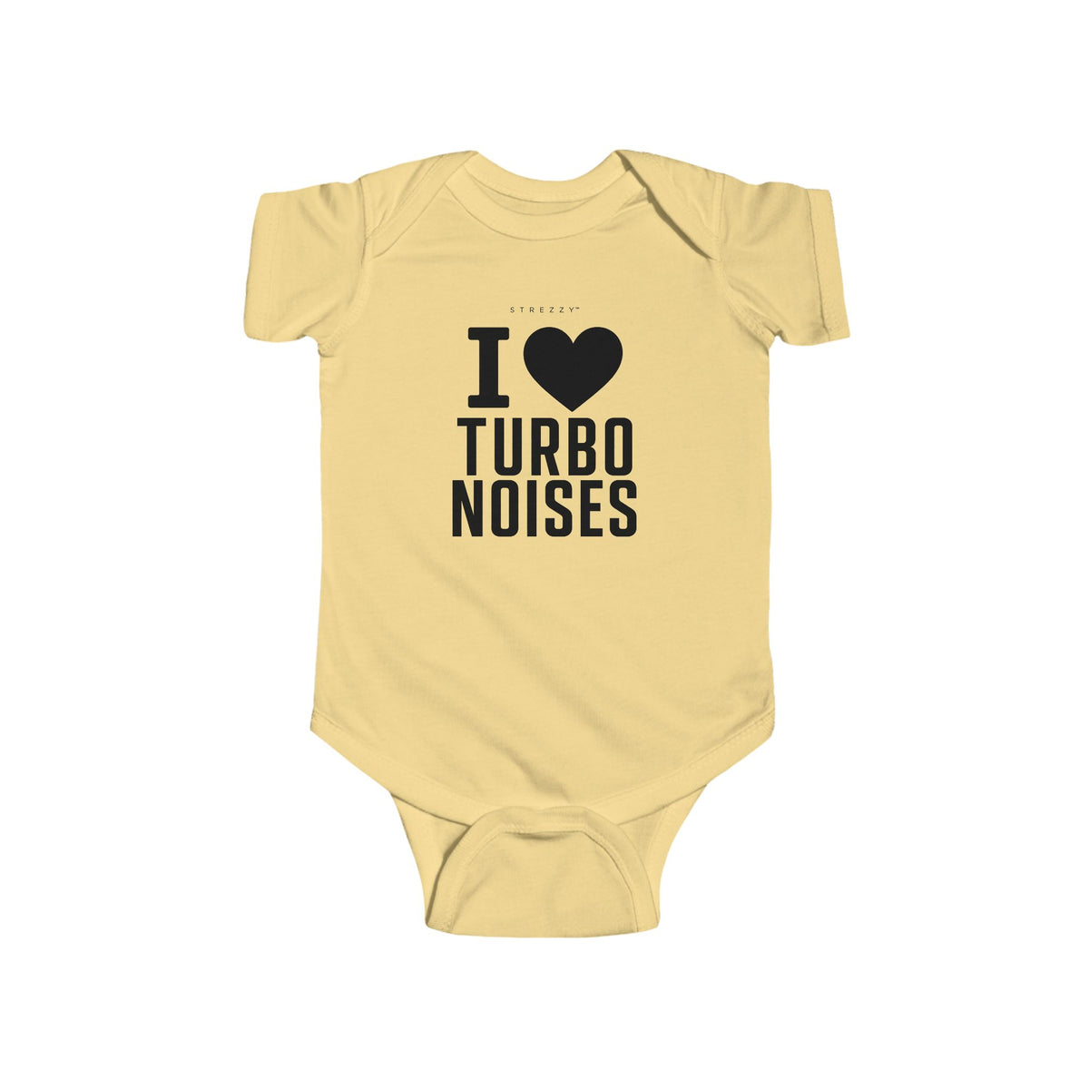 Butter yellow baby bodysuit with 'I heart TURBO NOISES' print