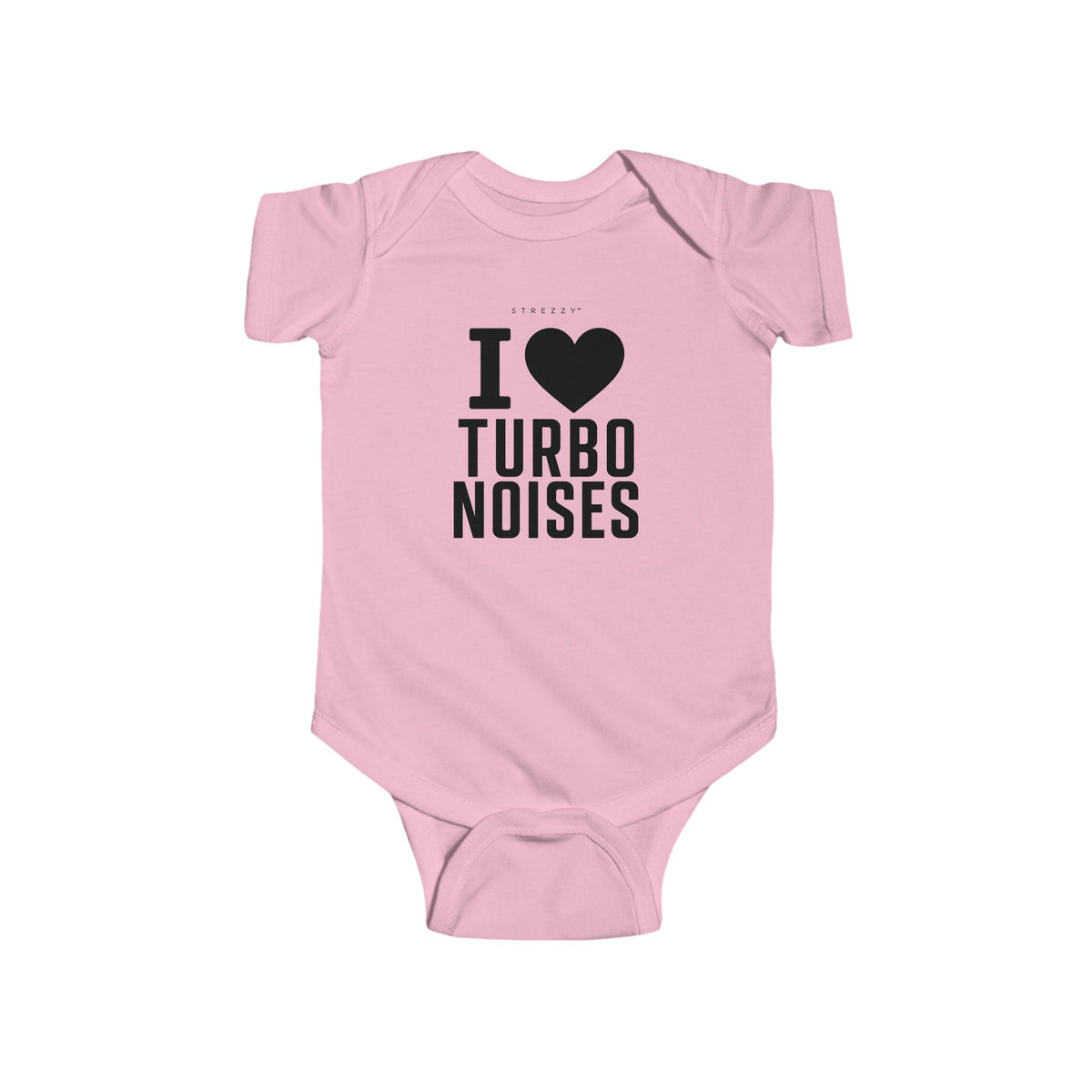Pink baby bodysuit with I heart Turbo Noises graphic