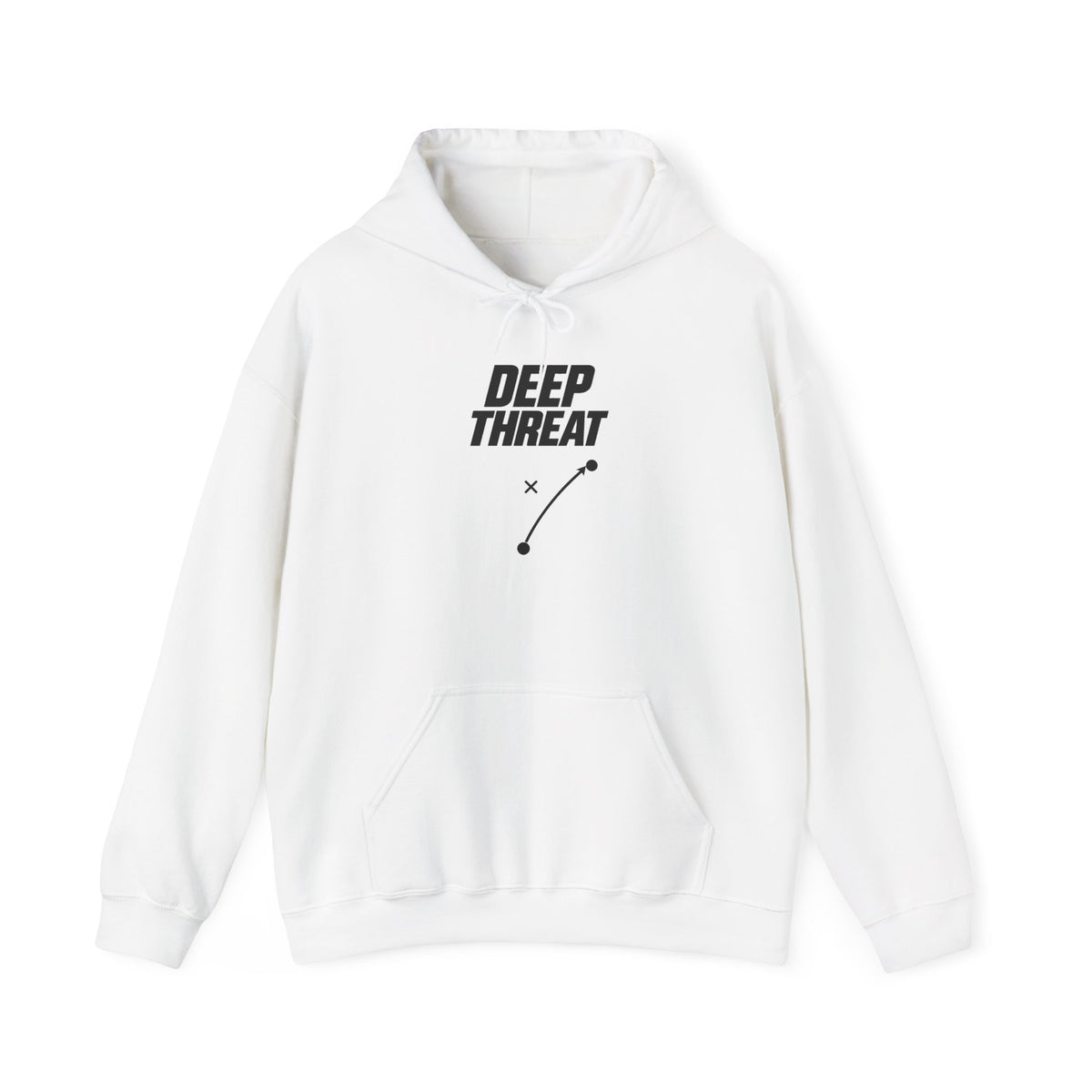 White pullover hoodie with drawstring hood, kangaroo pocket, and DEEP THREAT logo