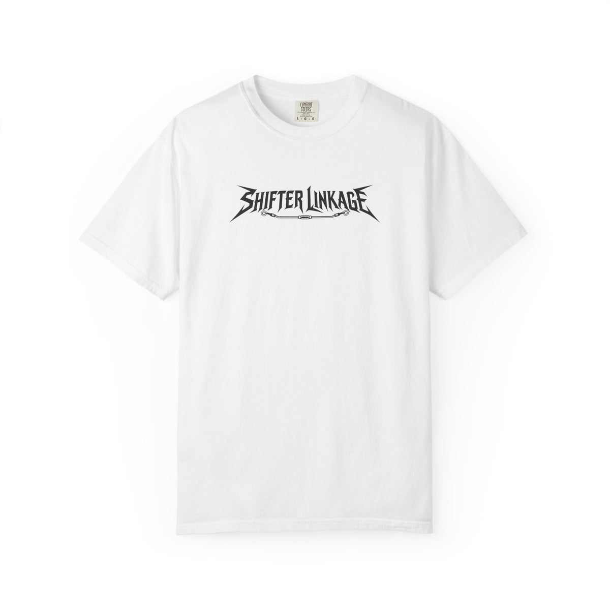 White crewneck graphic tee with Shifter Linkage logo print at center front
