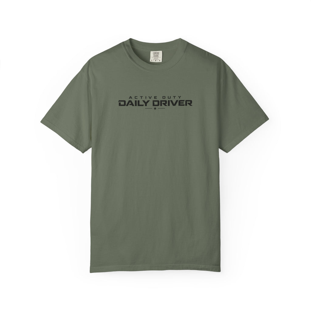 Moss green crew-neck T-shirt with chest "DAILY DRIVER" graphic