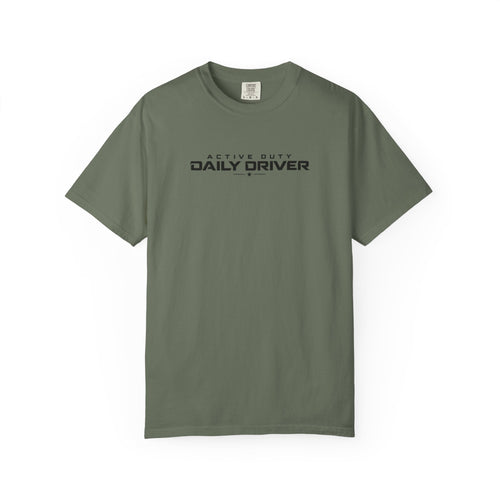 Moss green crew-neck T-shirt with chest "DAILY DRIVER" graphic