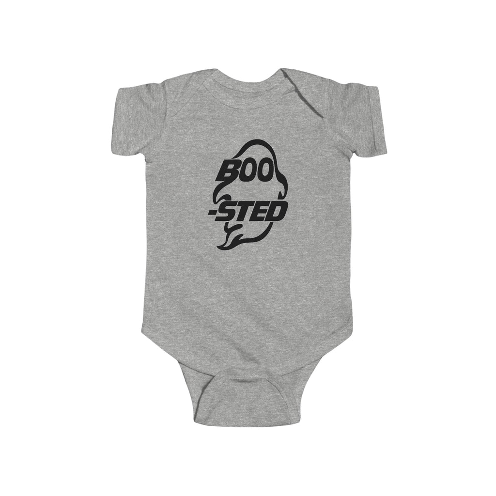 Heather gray baby bodysuit with BOO-STED Halloween logo graphic on front