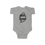 Heather gray baby bodysuit with BOO-STED Halloween logo graphic on front