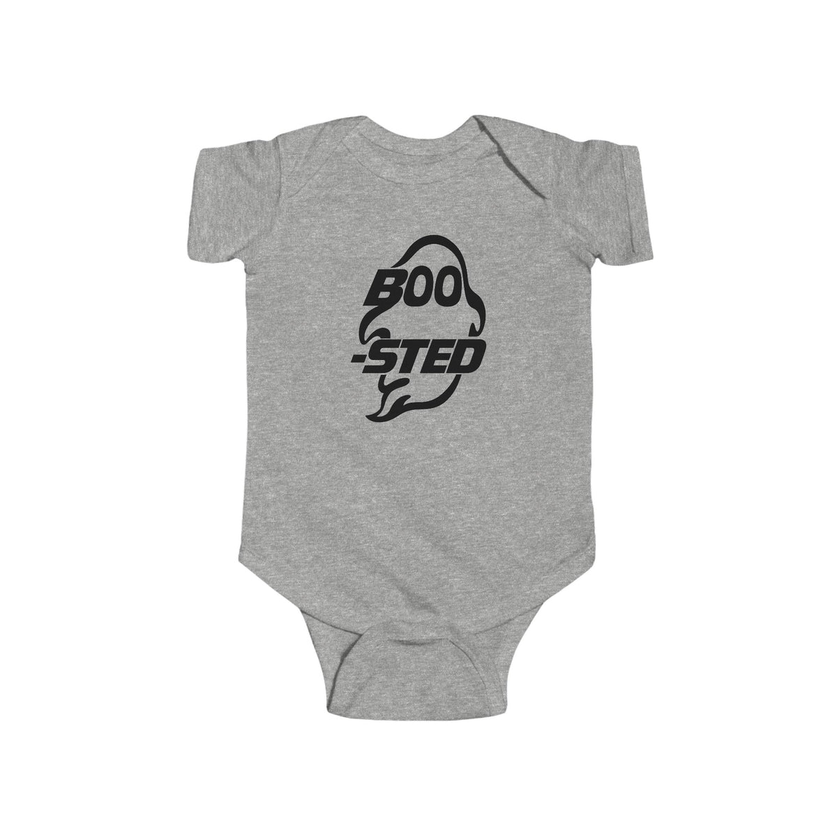 Heather gray baby bodysuit with BOO-STED Halloween logo graphic on front