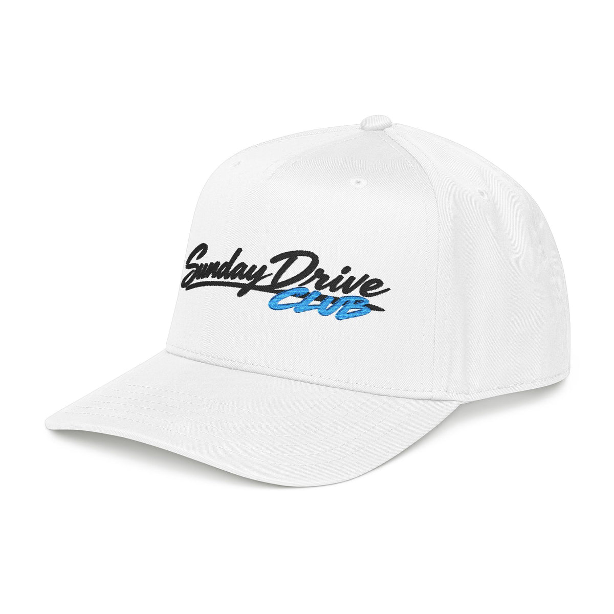 White embroidered baseball hat with "Sunday Drive Club" logo on the front panel.