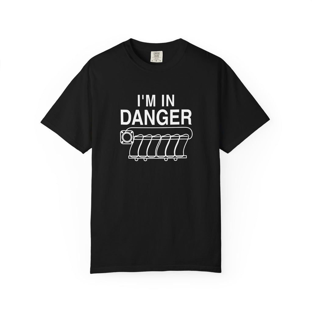 Black crewneck T-shirt with “I'M IN DANGER” graphic print and illustrated tank