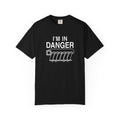 Black crewneck T-shirt with “I'M IN DANGER” graphic print and illustrated tank