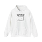 White hoodie with drawstring hood and 'YEAH. YEAH. DETAILS.' laptop front graphic