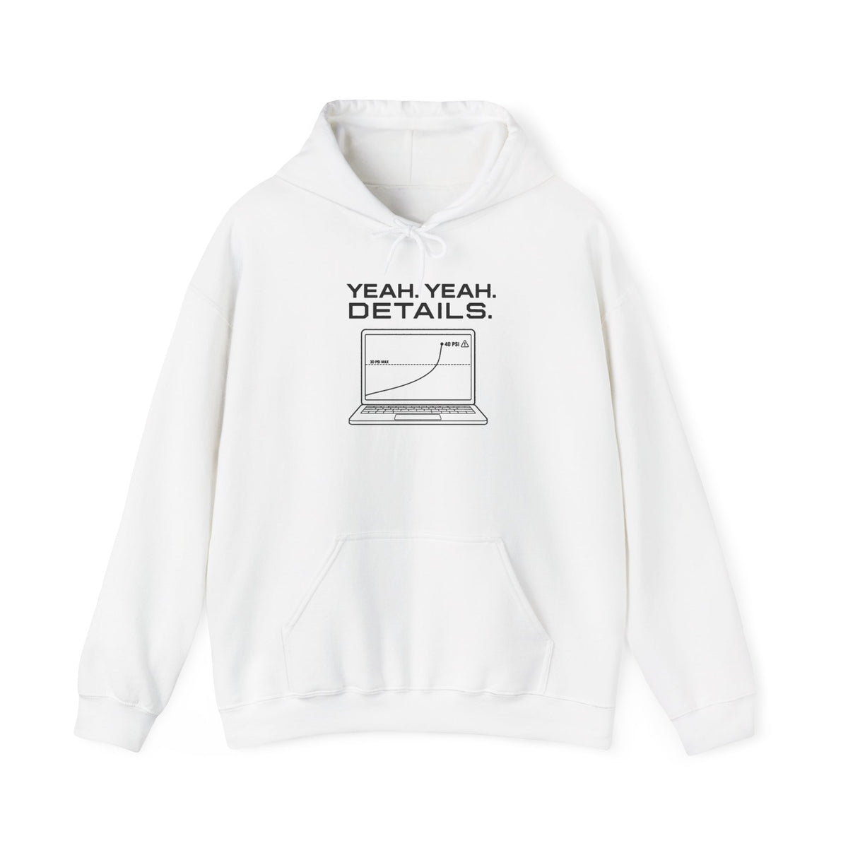 White hoodie with drawstring hood and 'YEAH. YEAH. DETAILS.' laptop front graphic