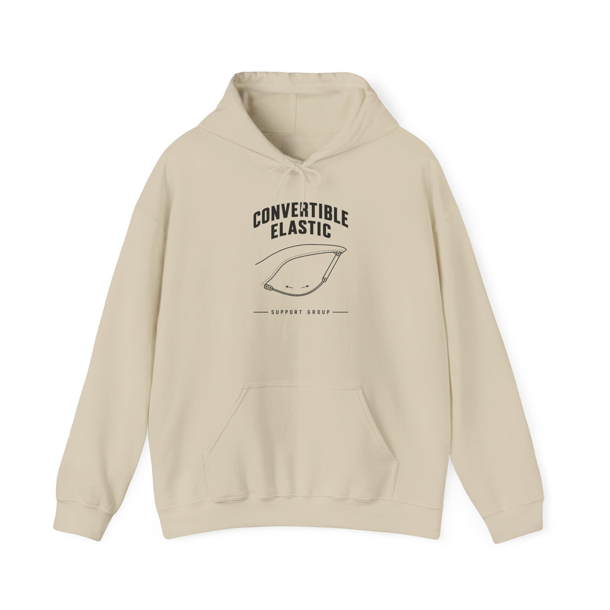 Sand convertible elastic support hoodie with chest graphic, kangaroo pocket, drawstring