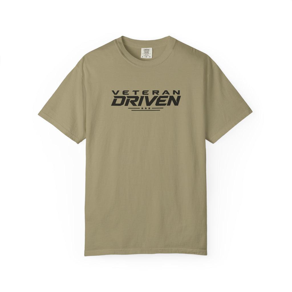 Olive green crew-neck T-shirt with front "VETERAN DRIVEN" graphic