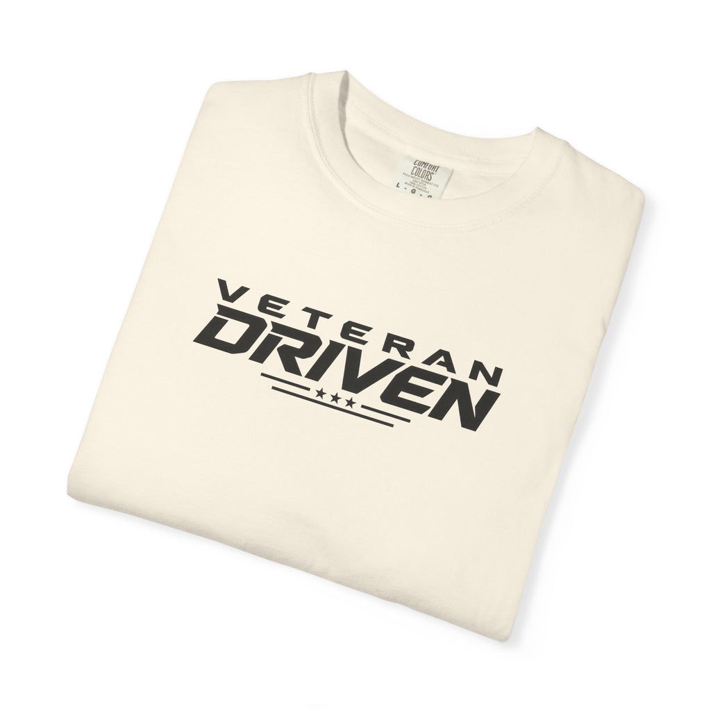 Ivory crew-neck T-shirt with Veteran Driven logo graphic on front