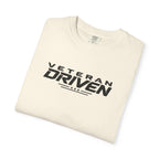 Ivory crew-neck T-shirt with Veteran Driven logo graphic on front
