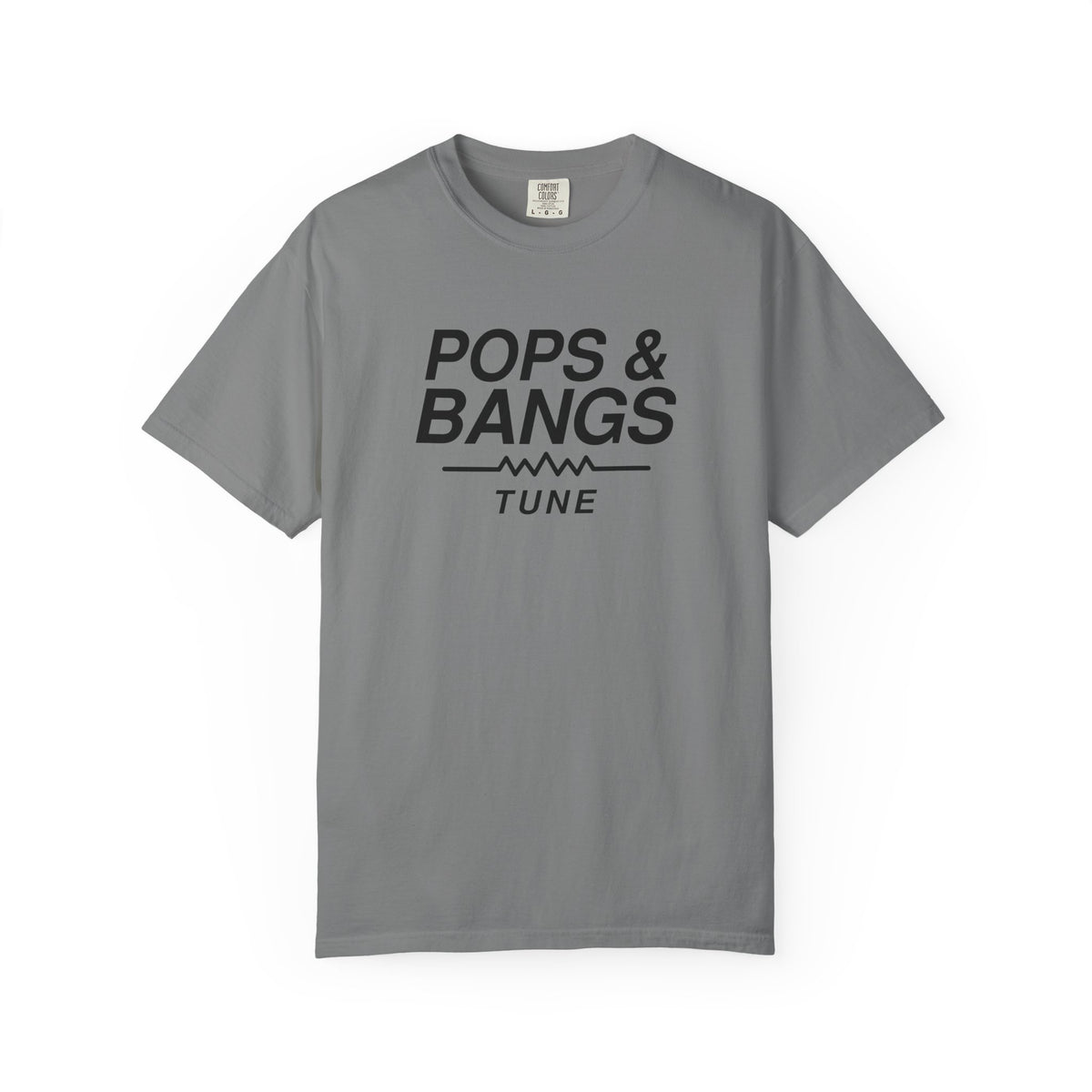 Grey crew-neck T-shirt with "POPS & BANGS" "TUNE" graphic on the front