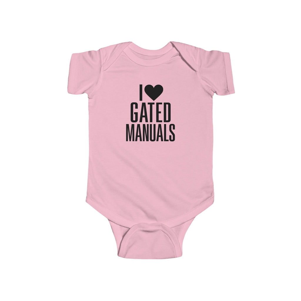 Pink baby bodysuit with 'I ♥ Gated Manuals' graphic on front
