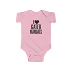 Pink baby bodysuit with 'I ♥ Gated Manuals' graphic on front
