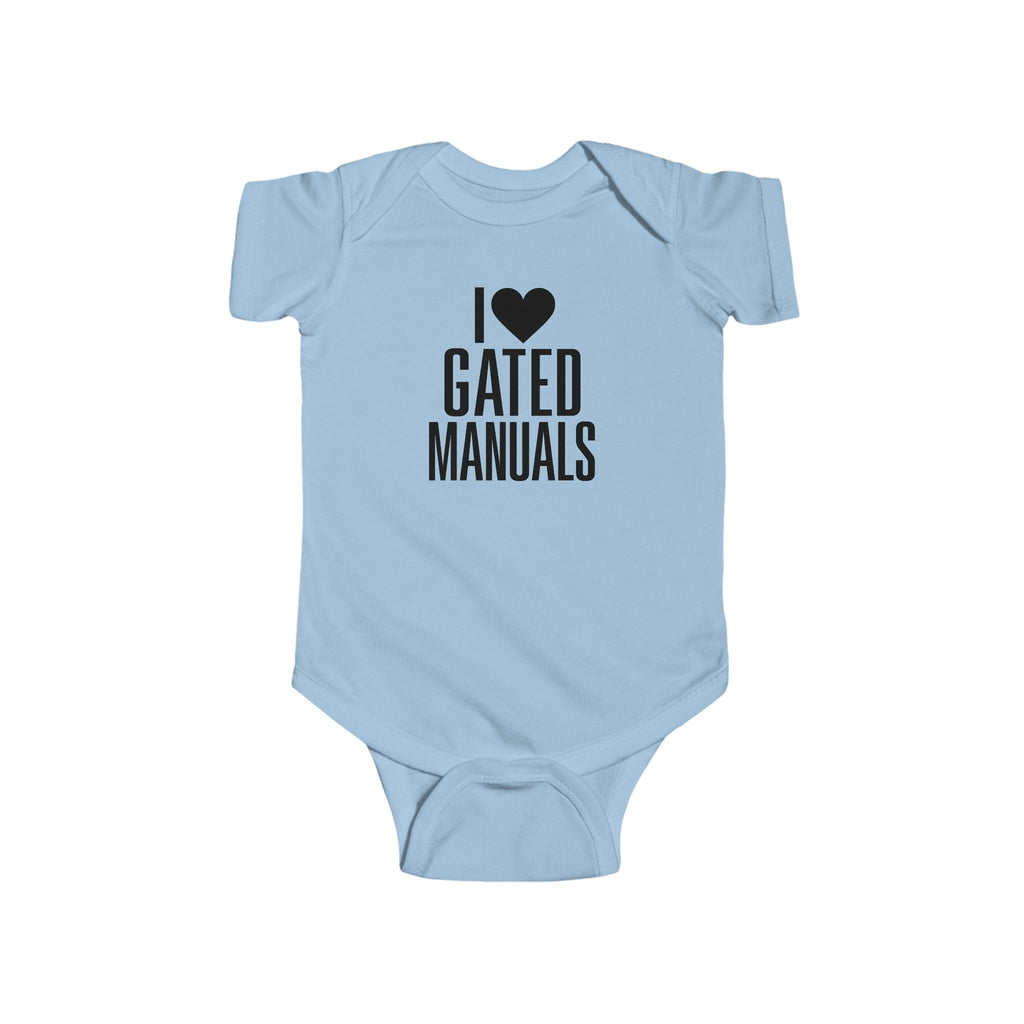 Light blue baby bodysuit with 'I ♥ Gated Manuals' graphic on front