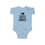 Light blue baby bodysuit with 'I ♥ Gated Manuals' graphic on front