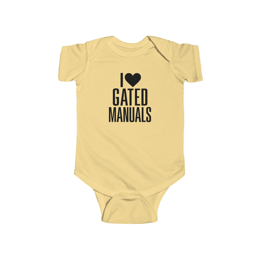 Butter yellow baby bodysuit with 'I ♥ Gated Manuals' graphic on front