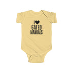 Butter yellow baby bodysuit with 'I ♥ Gated Manuals' graphic on front