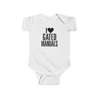 White baby bodysuit with 'I ♥ Gated Manuals' graphic on front