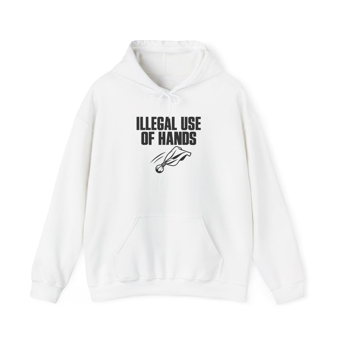 White football penalty hoodie with “ILLEGAL USE OF HANDS” front graphic