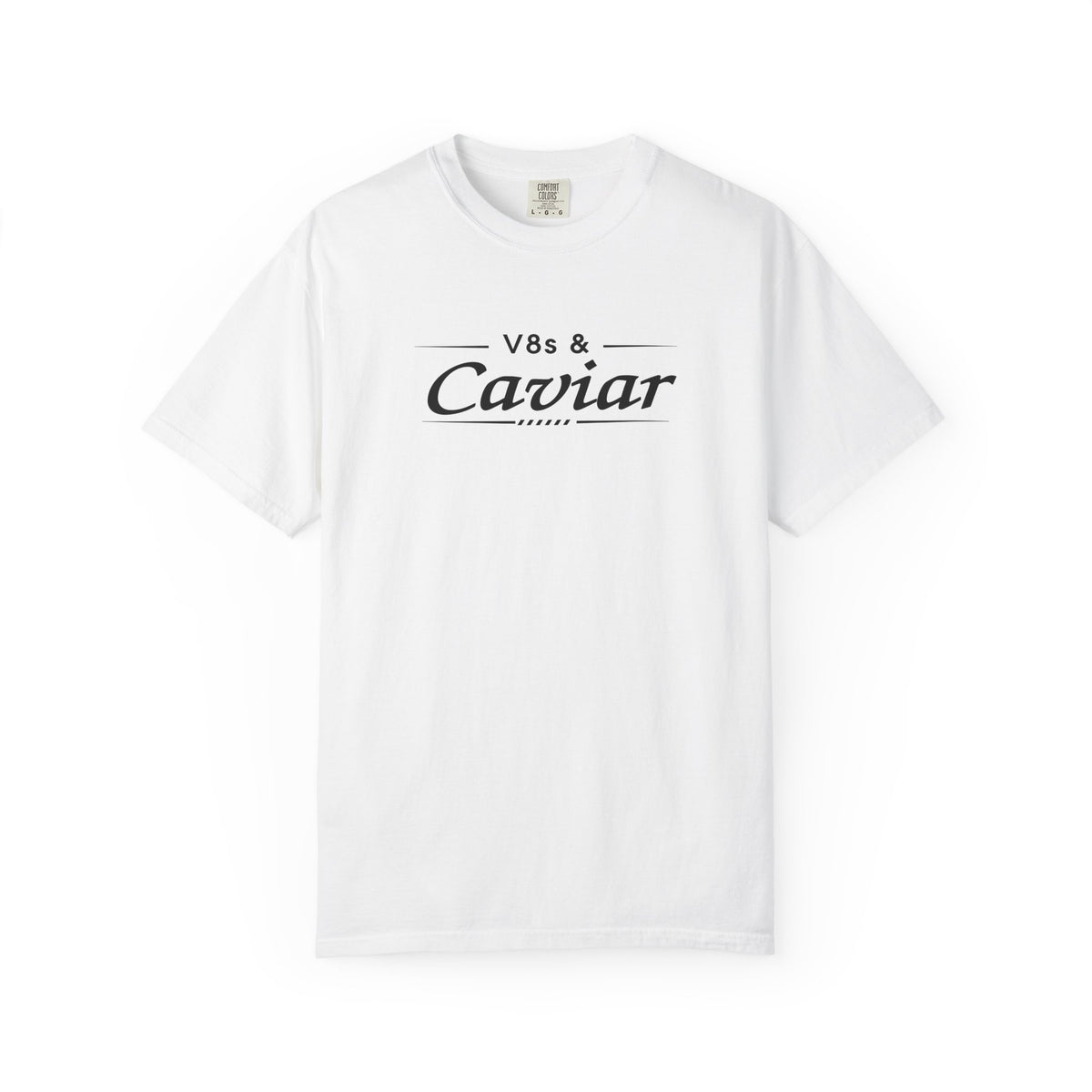 White crew-neck graphic t-shirt with “V8s & Caviar” logo on the chest