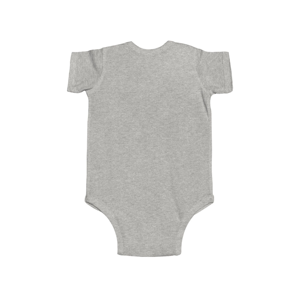 Heather gray baby bodysuit, plain front without visible graphic