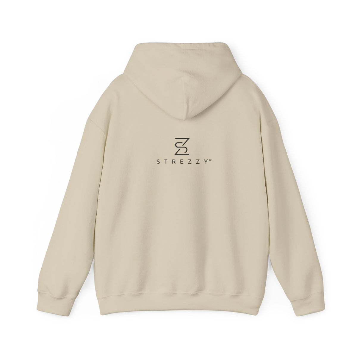 Sand Strezzy logo pullover hoodie back view with centered logo and drawstring hood