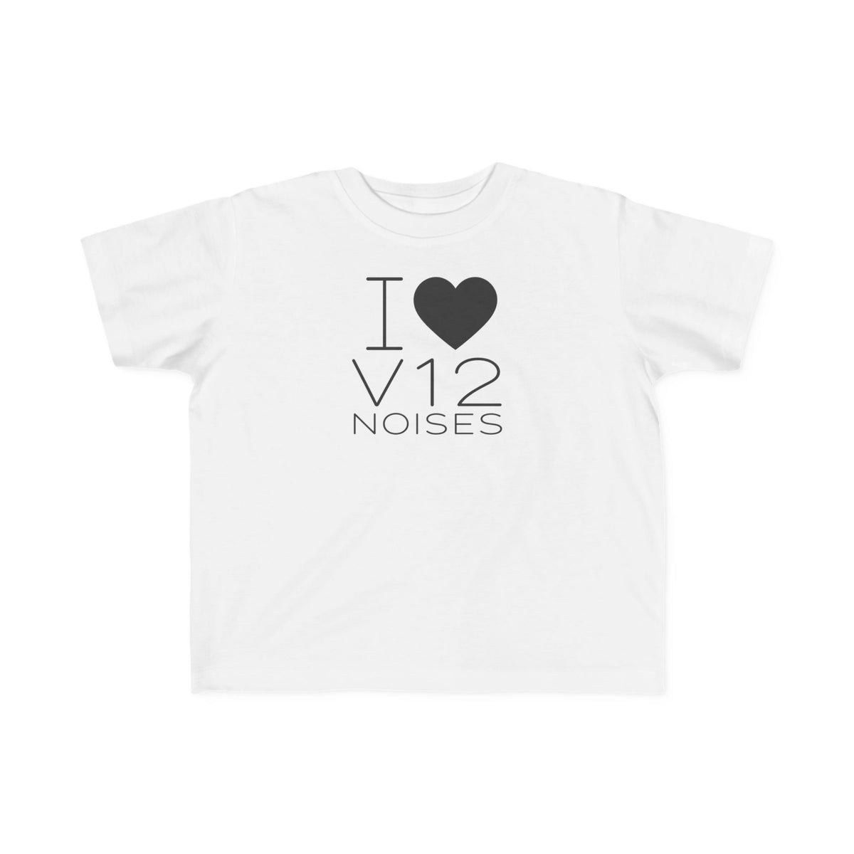 White toddler graphic T-shirt with heart and "I V12 NOISES" design
