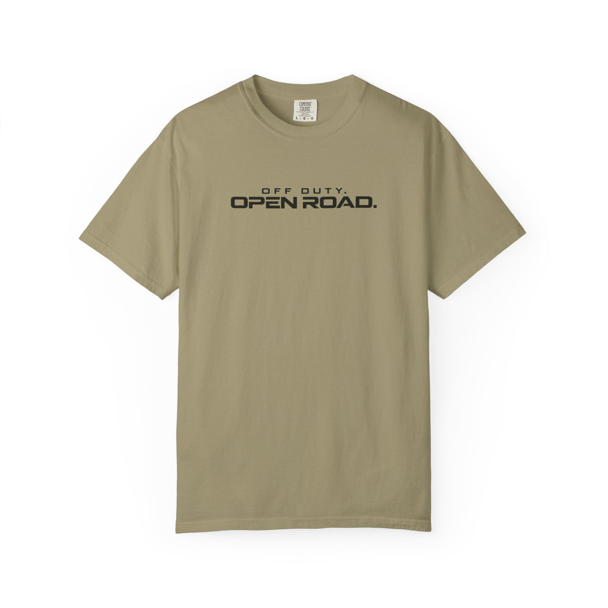 Khaki crewneck T-shirt with front “Off Duty OPEN ROAD” graphic print