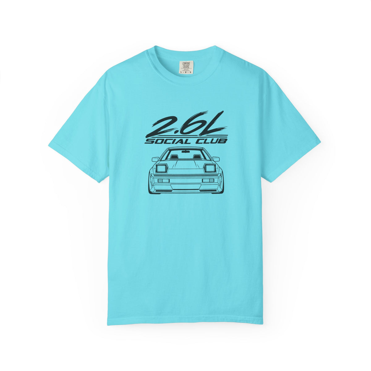 Lagoon blue crew-neck T-shirt with 2.6L Social Club JDM car graphic