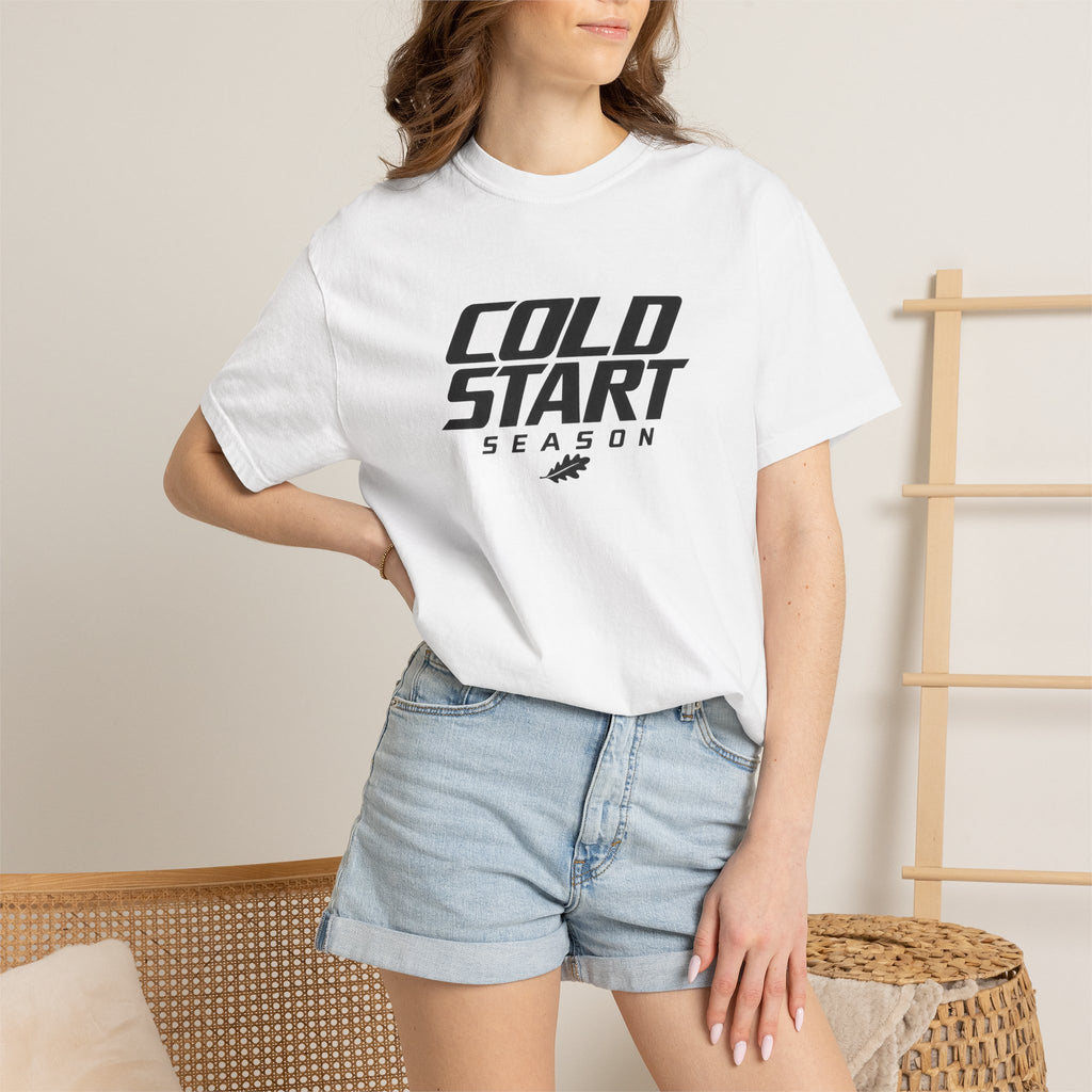 White crewneck graphic T-shirt with chest logo print