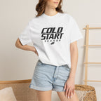 White crewneck graphic T-shirt with chest logo print