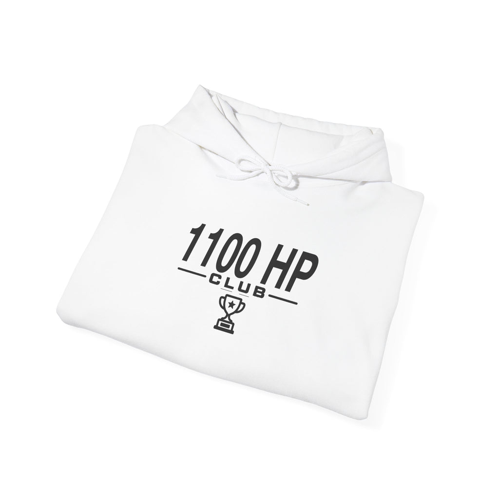 White 1100 HP Club hoodie folded with logo graphic and drawstring hood
